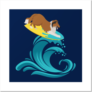 Rough Collie Dog on Surf Board on Summer Sea Wave Posters and Art